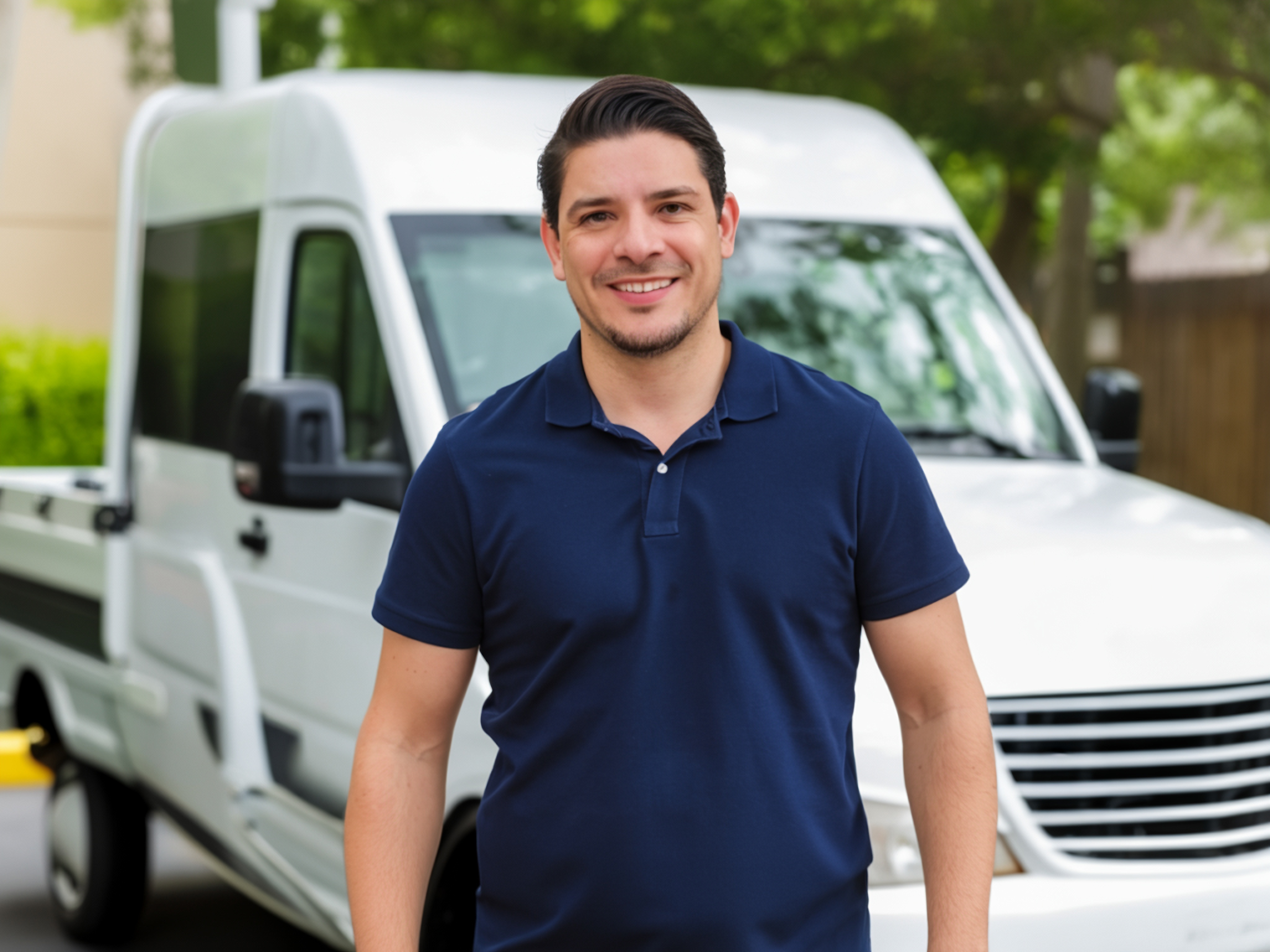 Successful franchise owner standing in front of service vehicles